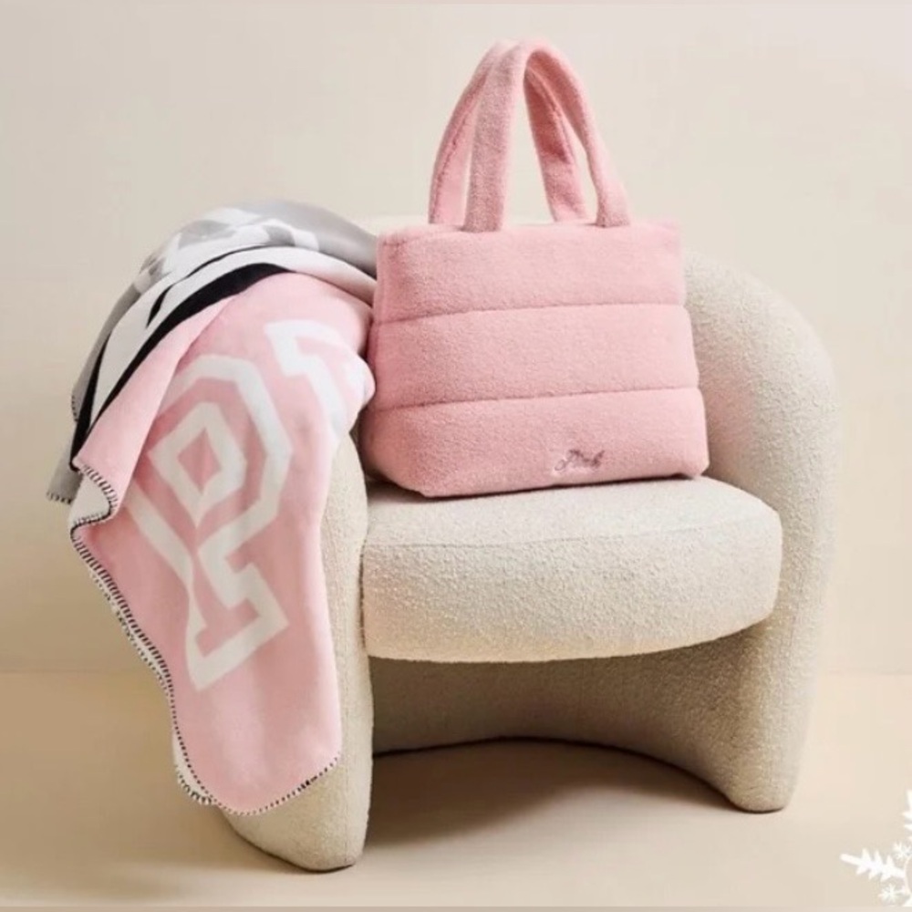 Pink by Victoria’s Secret - Gray/Pink Blanket & Pink Fluffy/Plush Purse